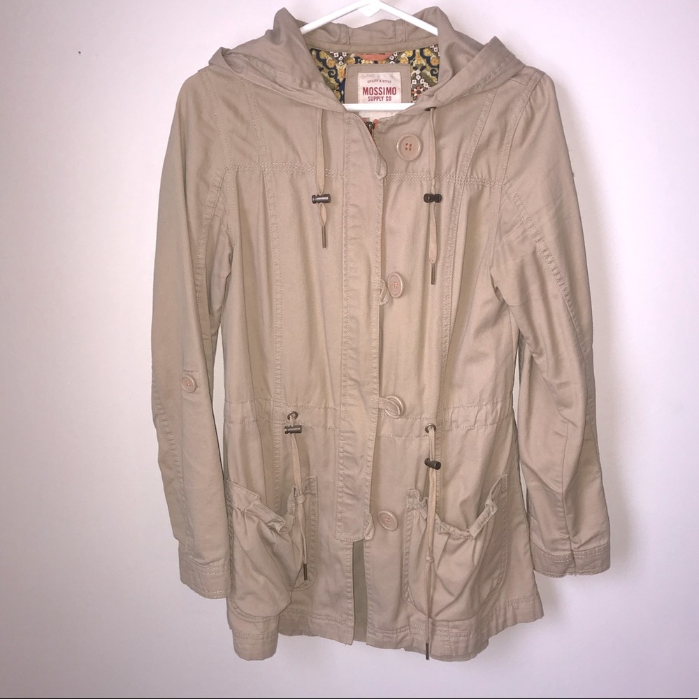 Tan hooded fall coat with button and zipper